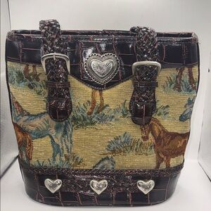 Texas Leather Manufacturing Brown and Tan Equestrian tapestry   horse Tote
